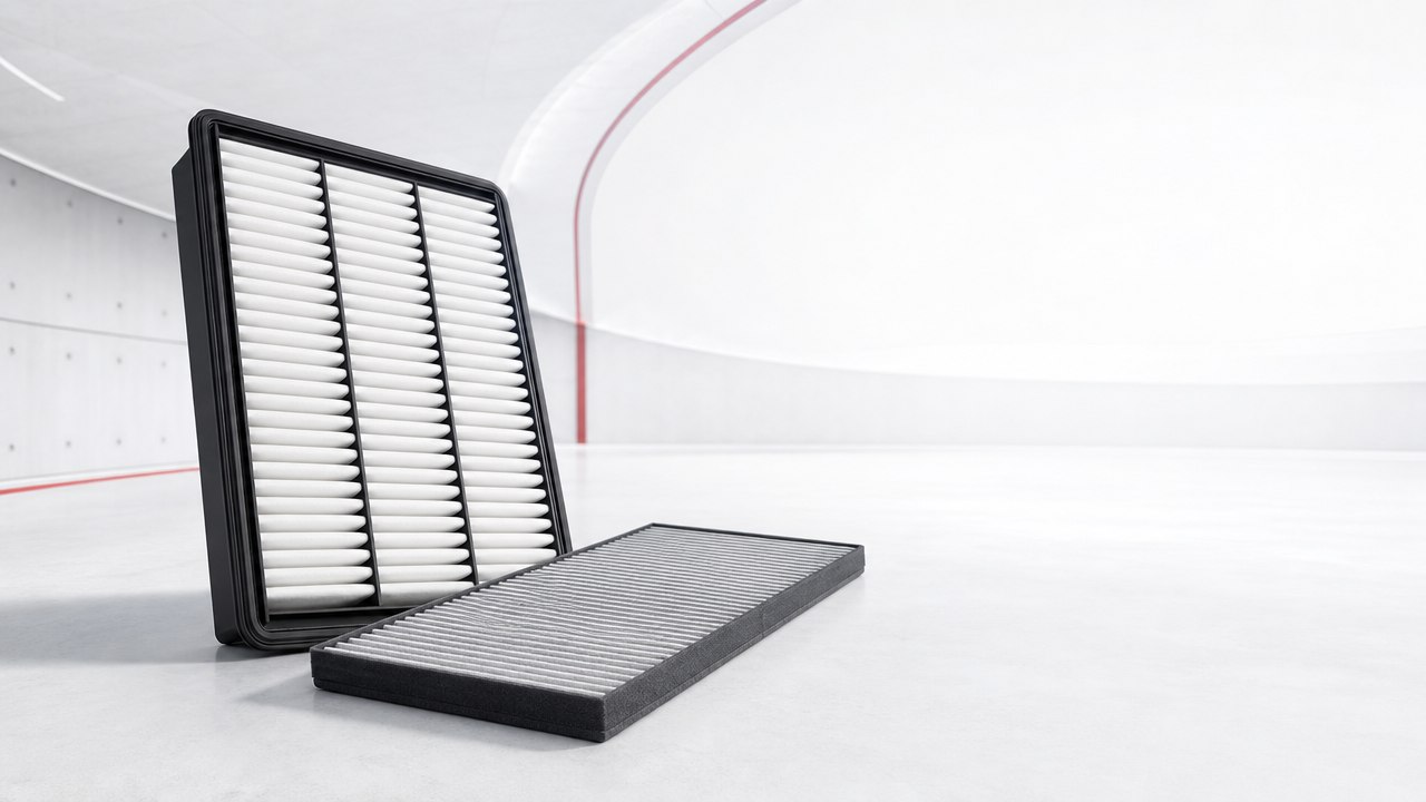 Category concept visualization of engine and cabin air filters in a bright studio